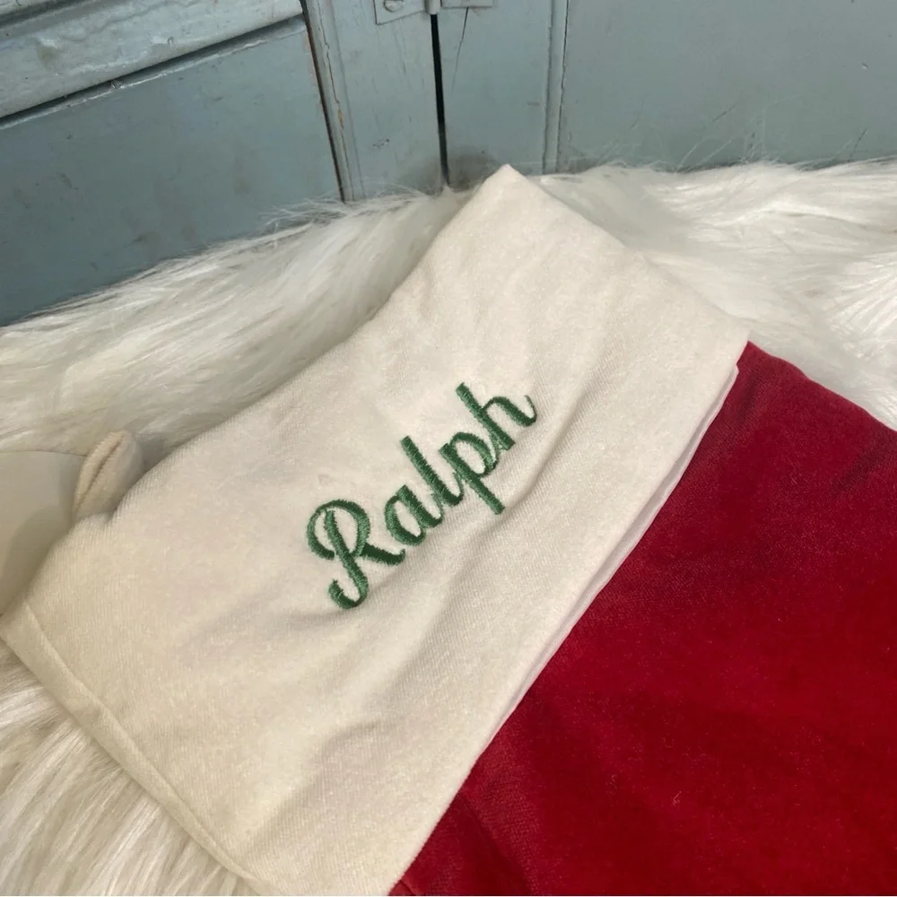 Pottery Barn NWT Red & Ivory Velvet Medium Stocking Embroidered RALPH in Green